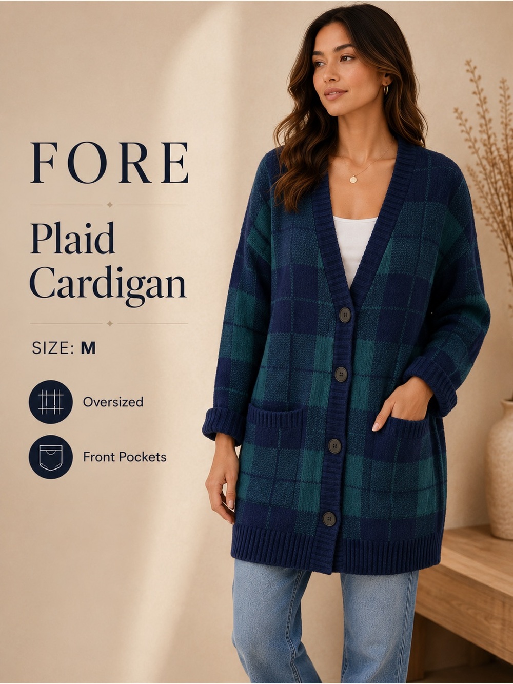 FORE Oversized Plaid Cardigan Sweater Blue Green Button Front Pockets Size M